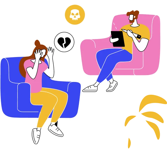 Two people processing difficult emotions in a therapy setting, one comforted in an armchair and one journaling with a tablet
